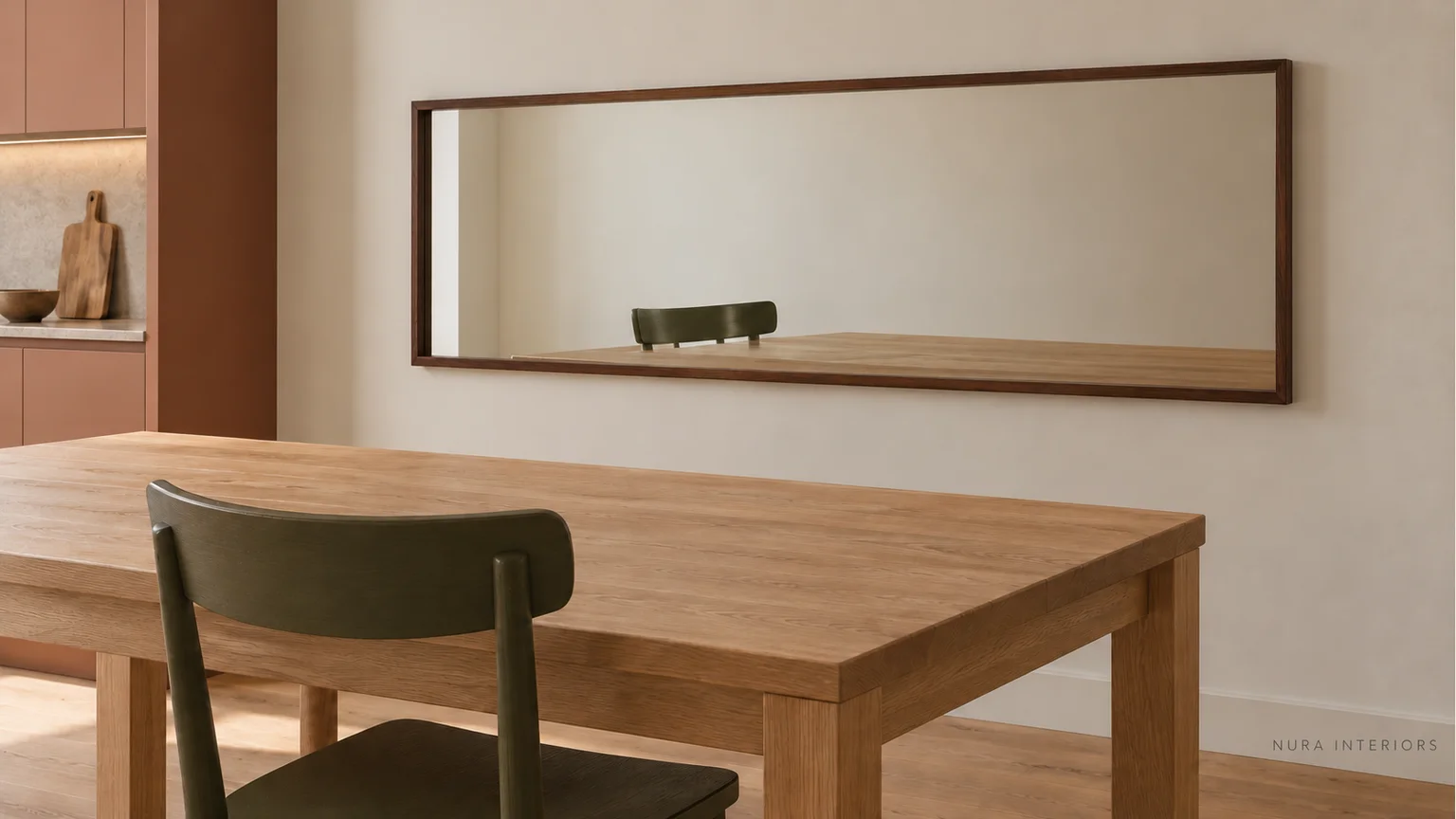 A rectangular walnut-framed dining mirror reflecting an oak table and an olive chair in a kitchen-dining room.