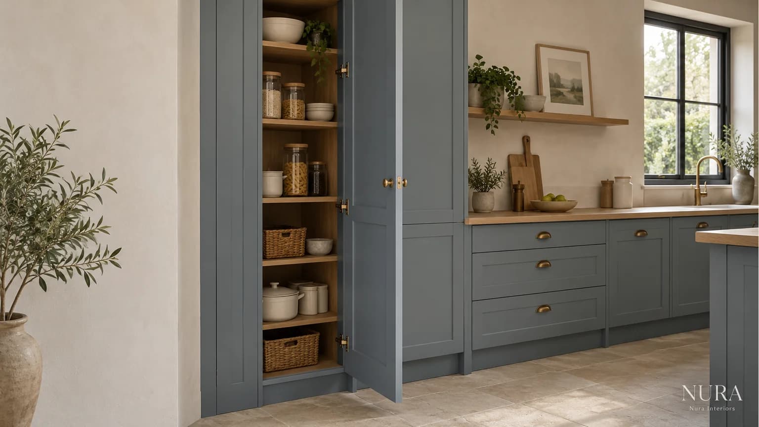 Blue-grey pantry beside a plaster wall with a narrow matching filler strip, an open door and adjacent oak worktop