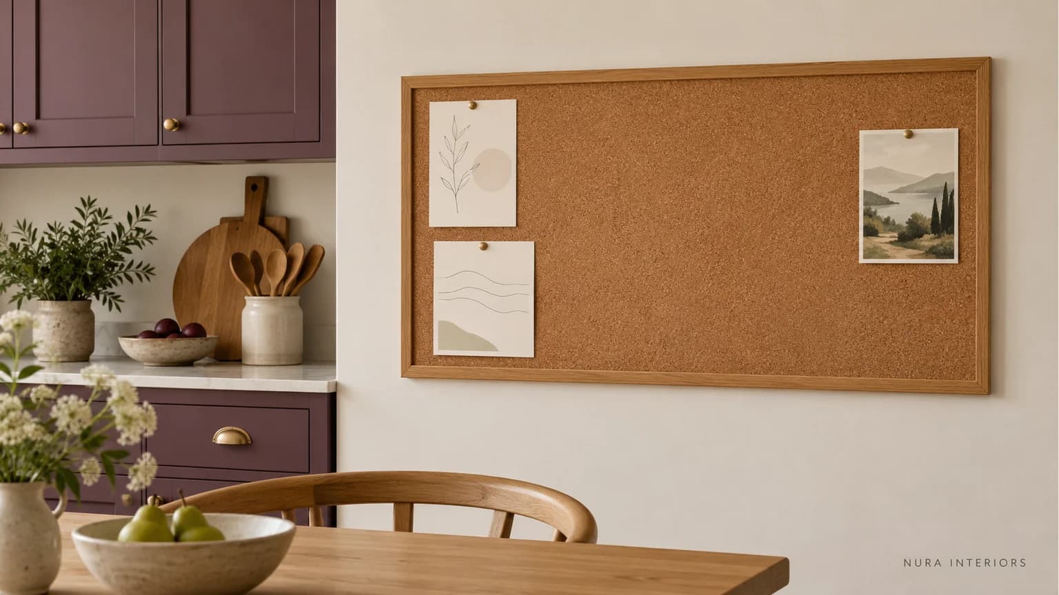 Oak-framed cork noticeboard with two abstract cards, a landscape postcard and open space beside plum kitchen cabinets.