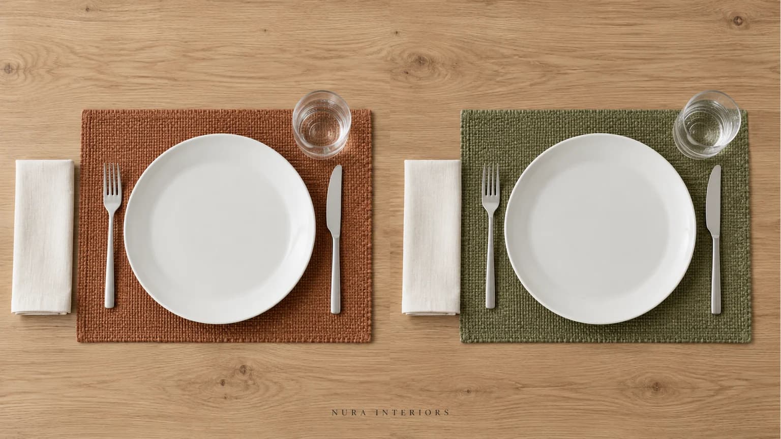 White plates on clay and olive rectangular placemats, with cutlery and glasses on a pale oak table