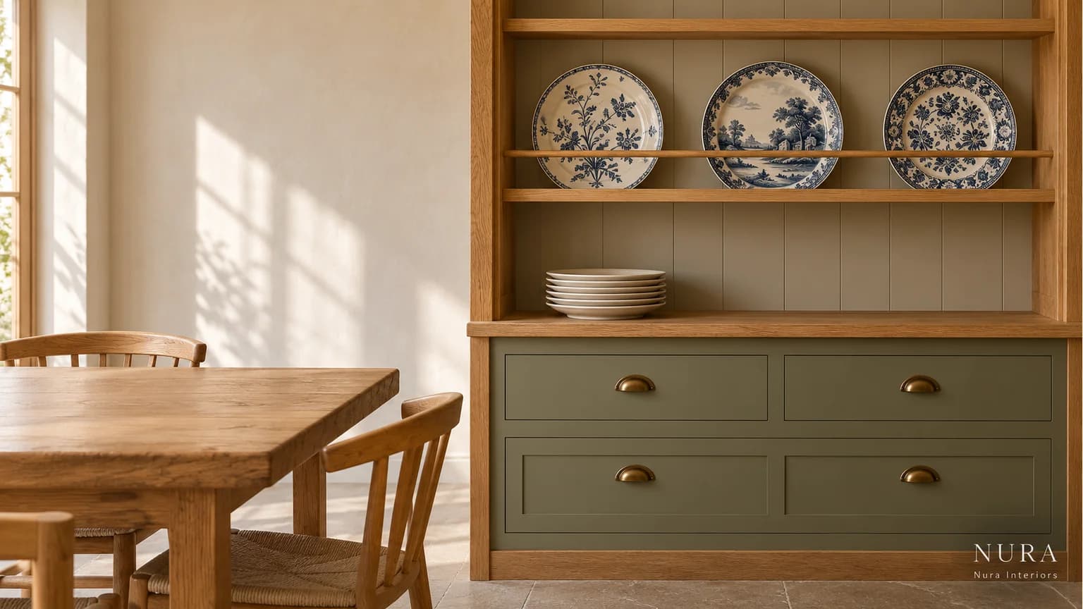 Blue-and-cream display plates in an oak dresser above a separate stack of daily plates and olive drawers