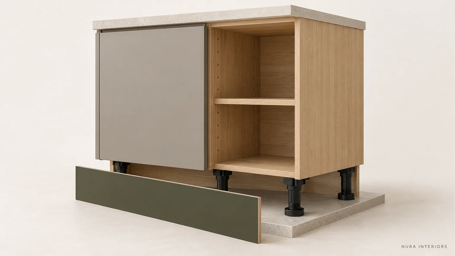 Cabinet body and worktop above adjustable legs, with an olive plinth board separated in front