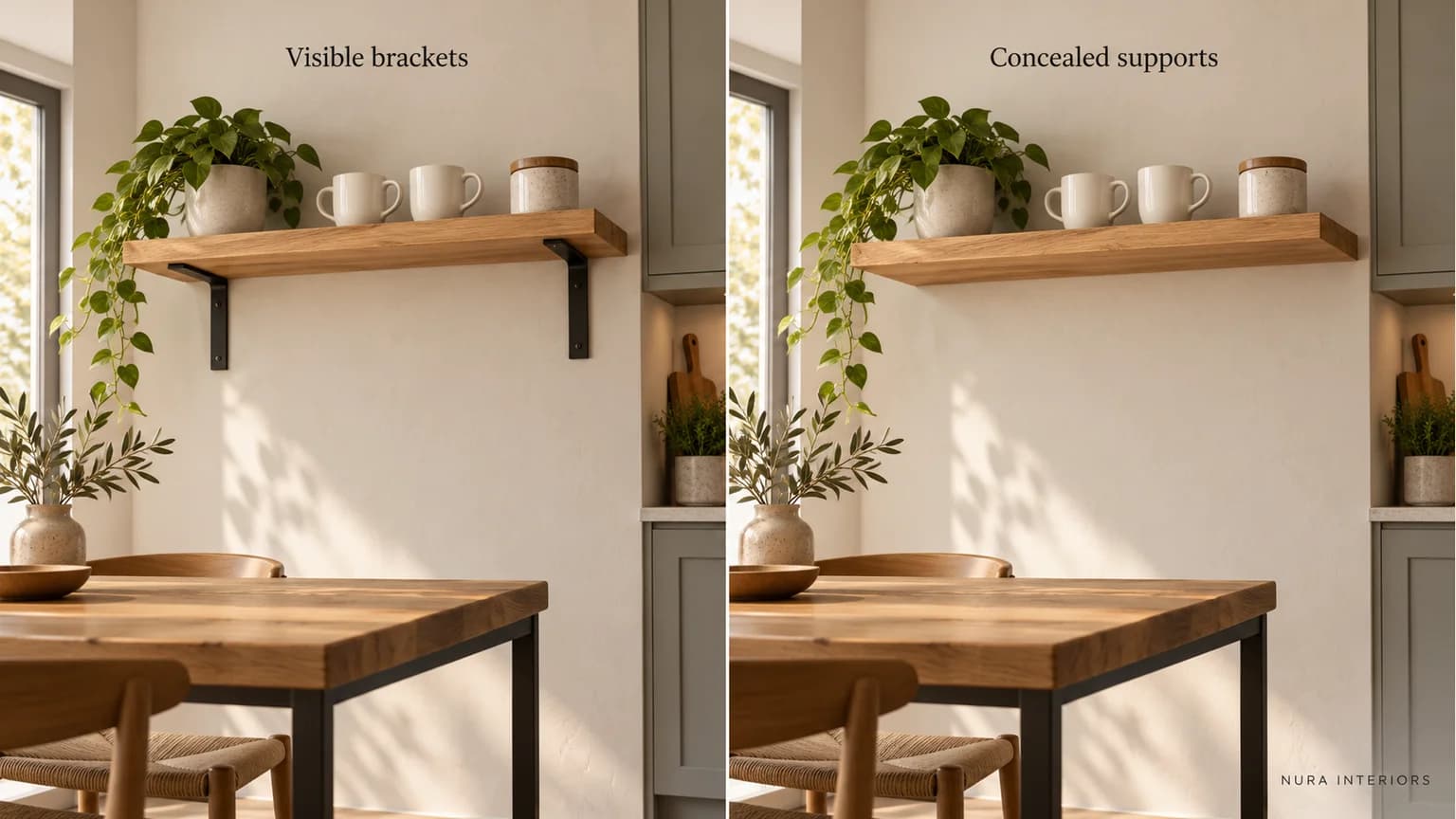 Paired oak shelf concepts with white mugs, one with visible black angle brackets and one with no visible supports beside kitchen cabinetry.