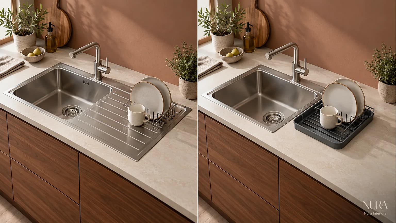 Two walnut kitchen sink areas, one with a steel draining board and the other with a removable dark tray holding plates and a mug