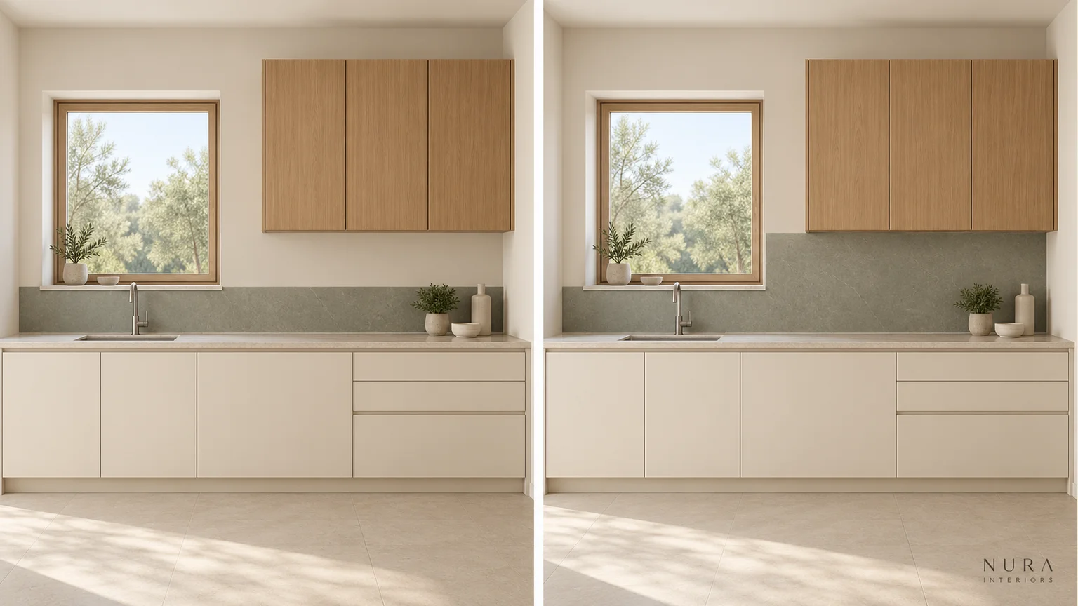 Two matching sink-wall views comparing a splashback level with the window sill and one rising beneath the cabinets
