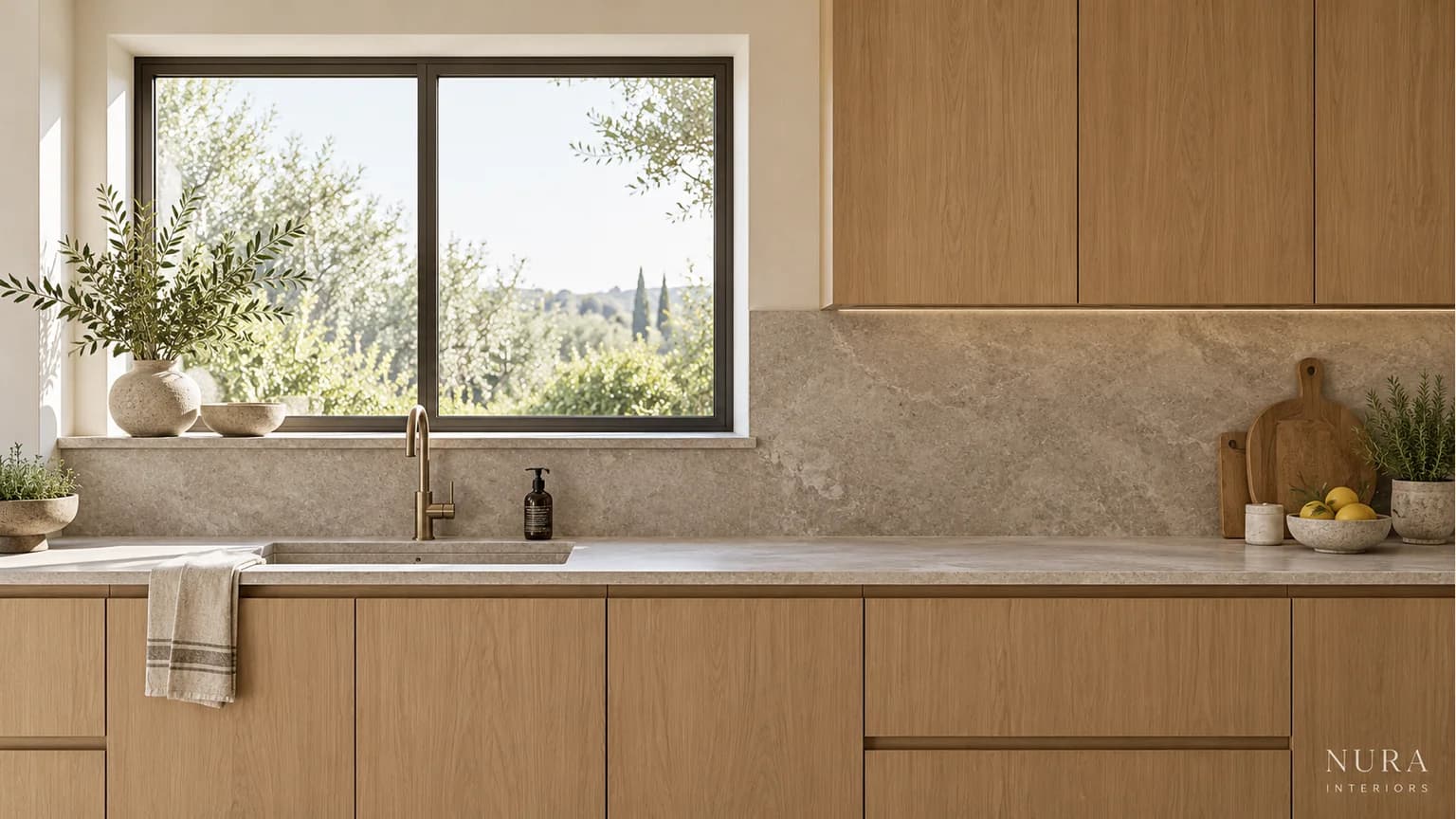 Pale stone splashback rising from a window sill to the underside of oak wall cabinets