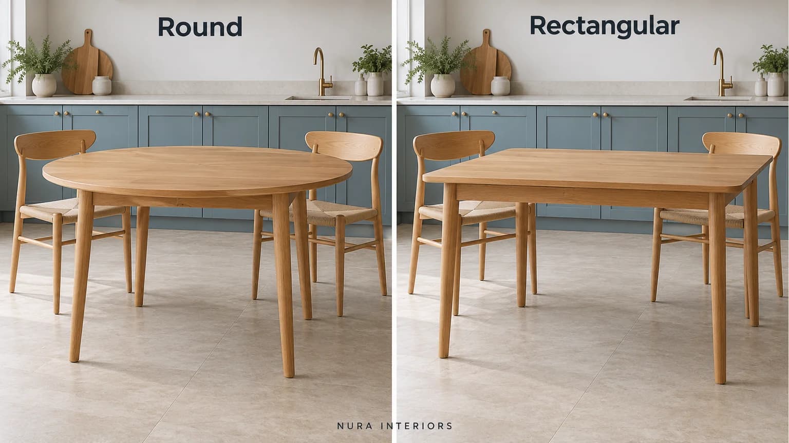 Paired round and rectangular oak tables on separate legs with matching timber chairs beside blue kitchen cabinets