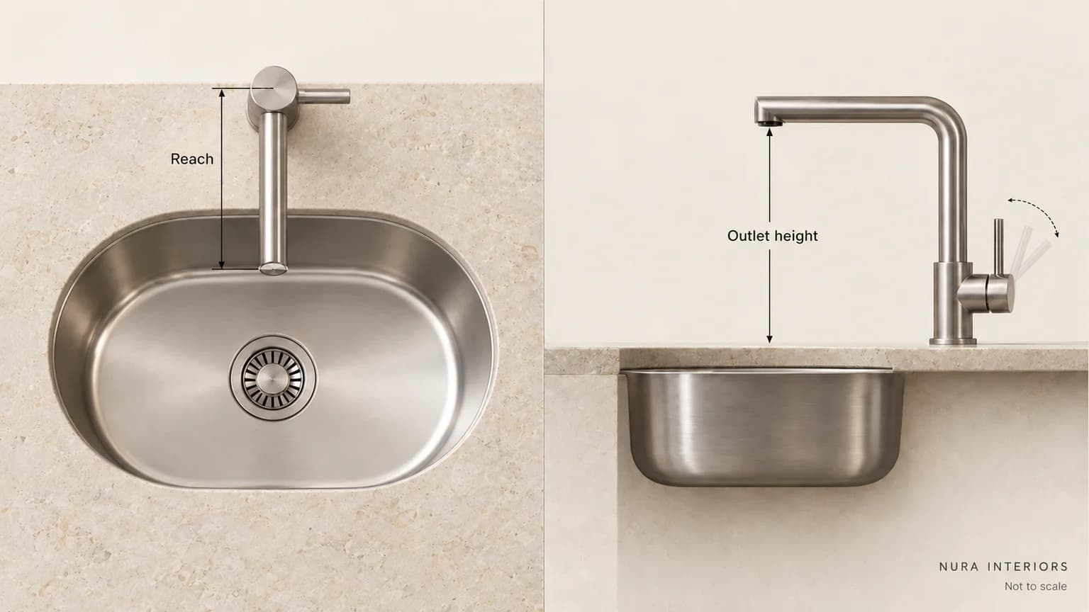 Plan and side views of a kitchen tap and oval sink, with arrows marking reach and outlet height and a not-to-scale label