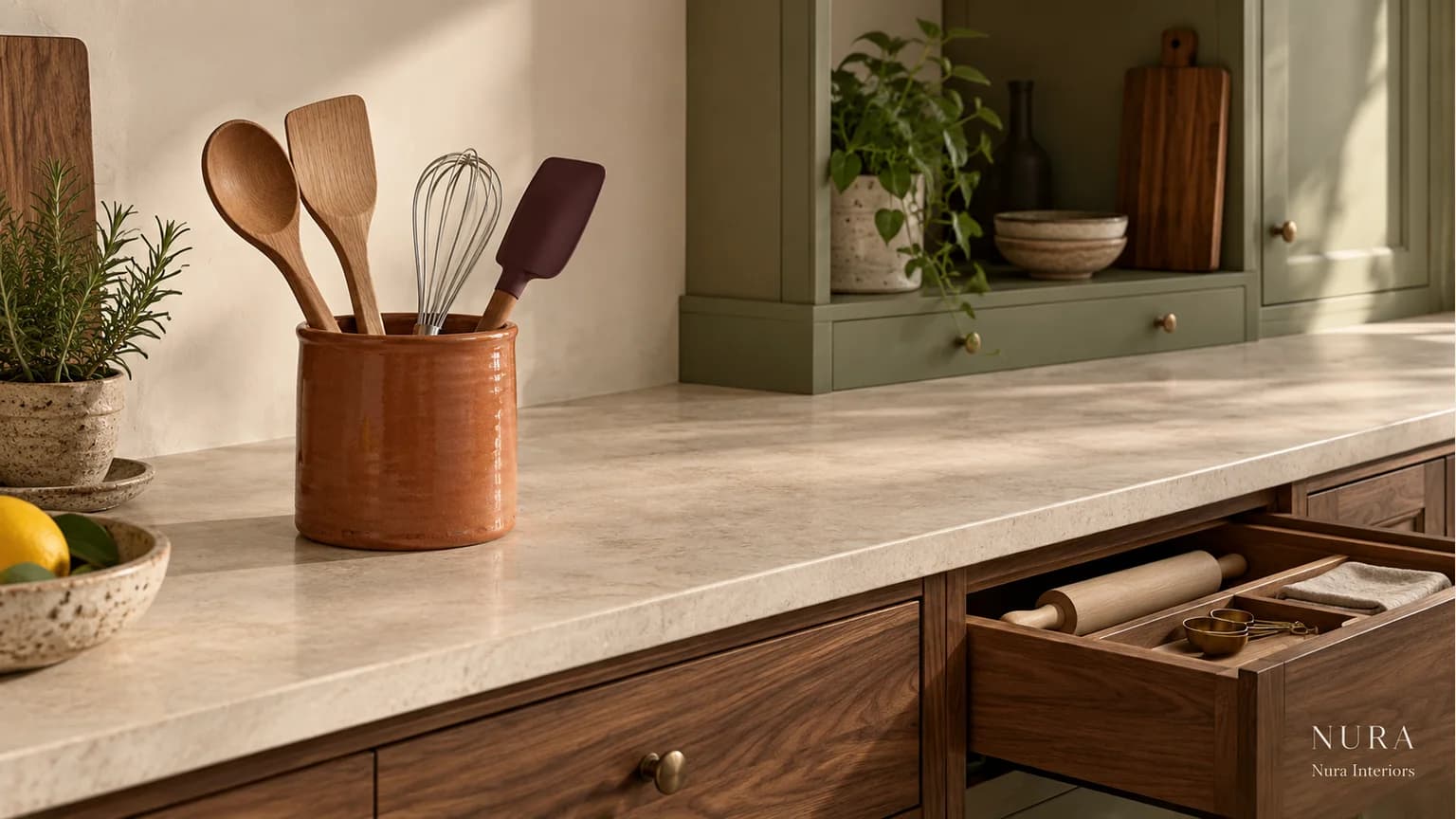 Terracotta utensil pot with wooden spoon, turner, whisk and plum spatula beside clear worktop and an open walnut drawer