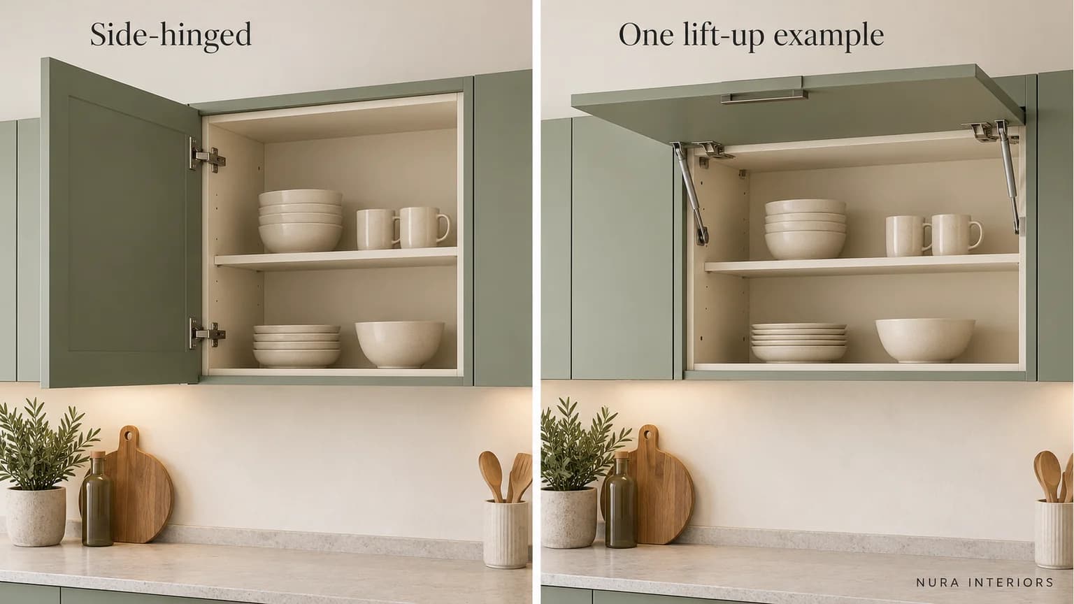Two sage wall cupboards, one with a door open to the side and one with a front raised above the opening.