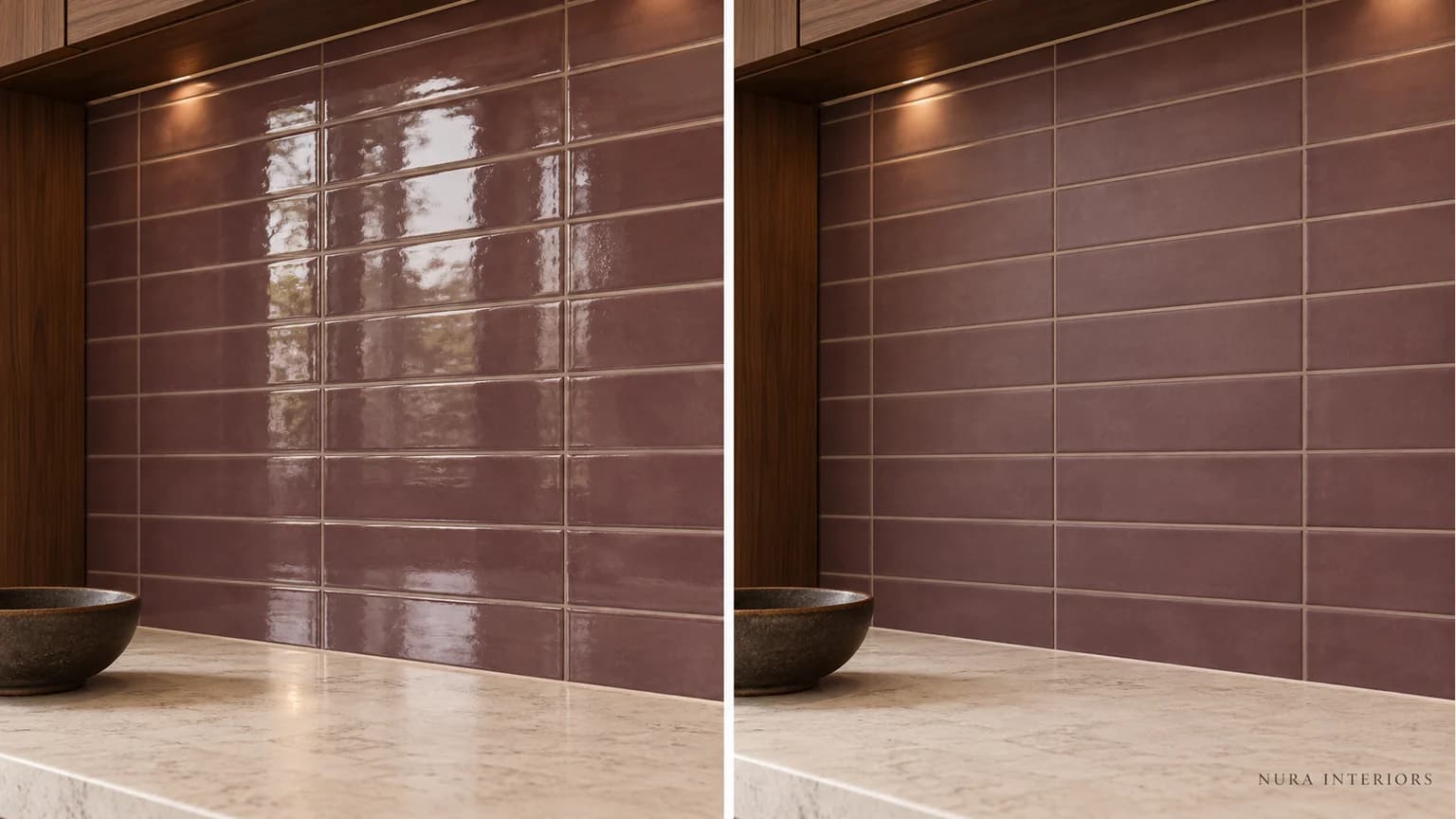 Paired plum-coloured kitchen wall surfaces with bright window reflections on the left and a softer matt appearance on the right