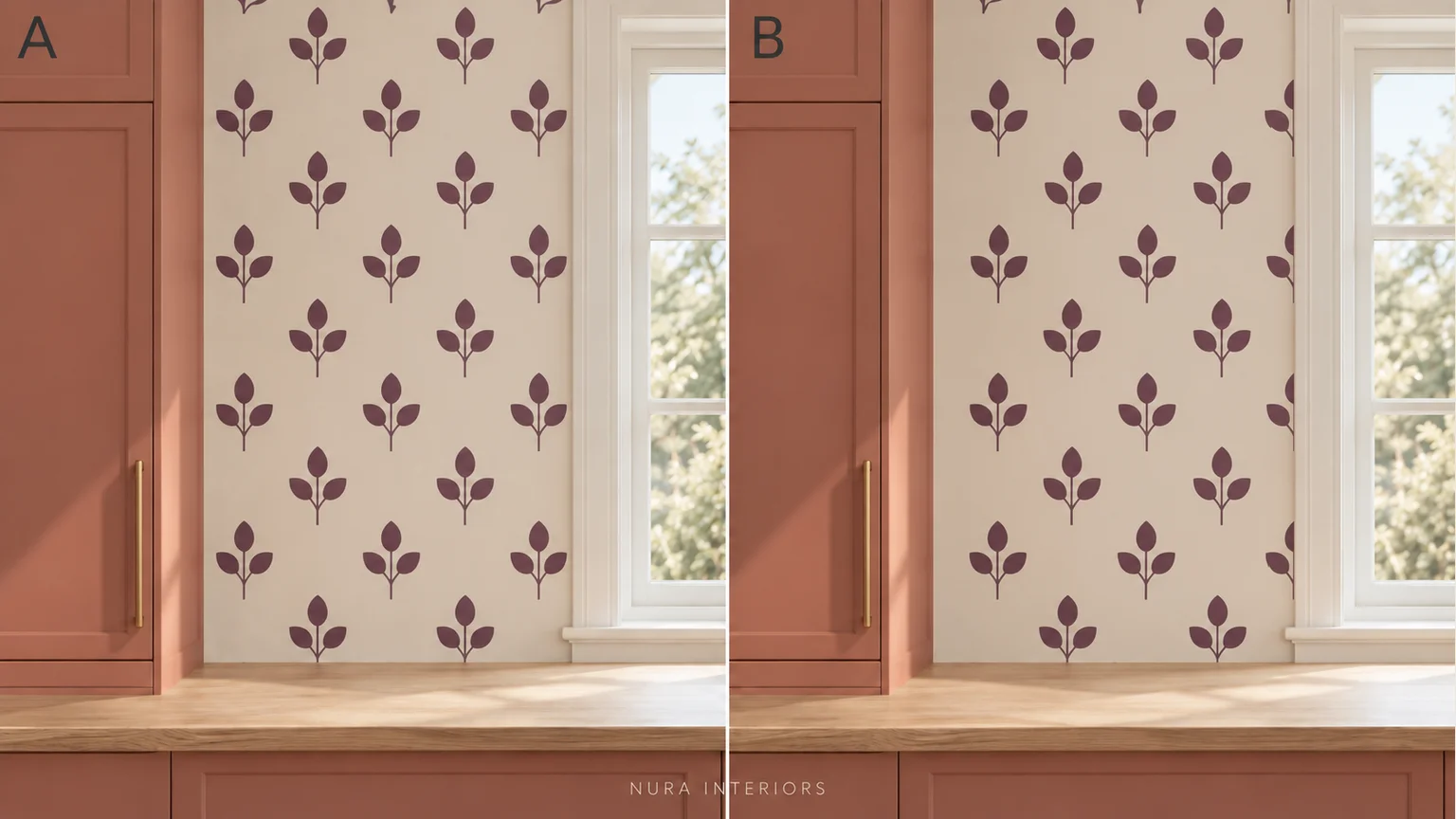 Two views of plum leaf-pattern wallpaper beside terracotta cabinetry and a white window, with a whole sprig near the window in A and a cropped sprig in B