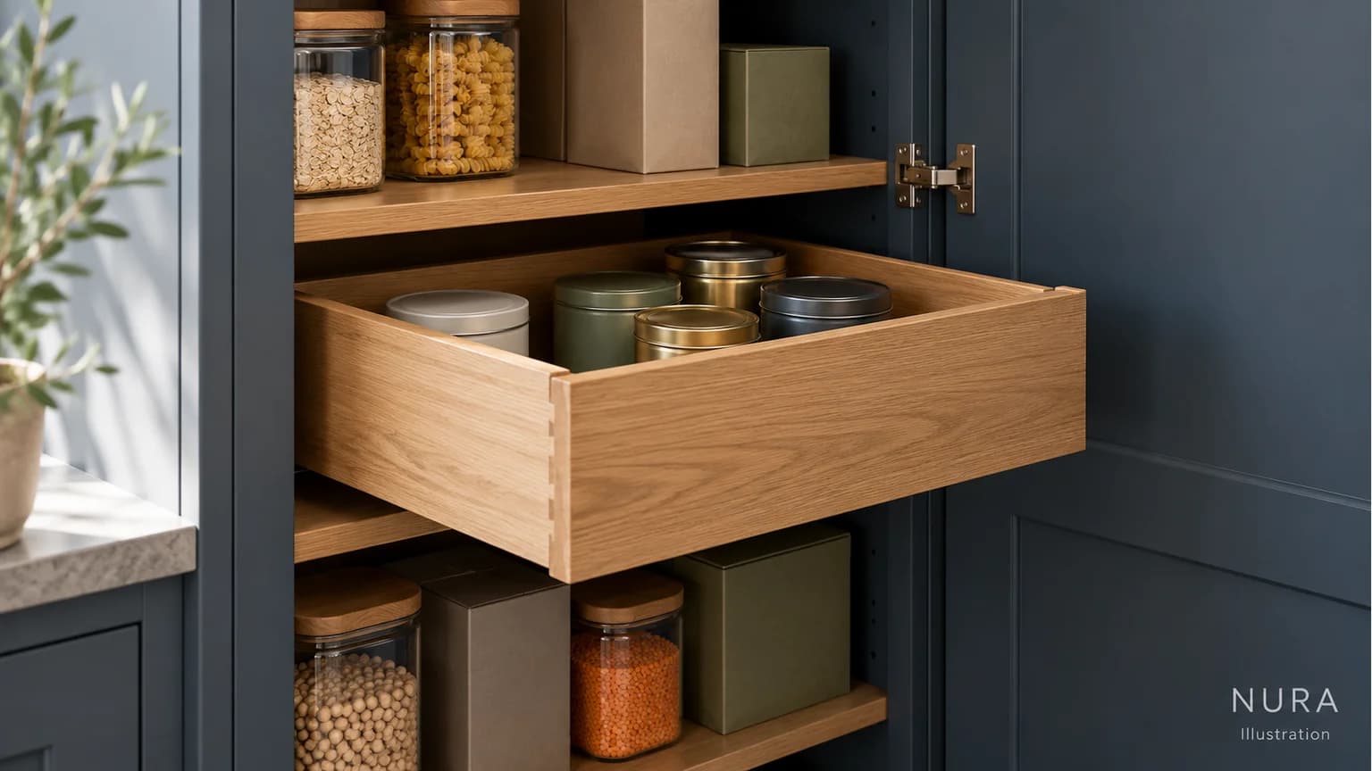 Illustration of an internal oak drawer extended inside an open slate-blue larder cupboard