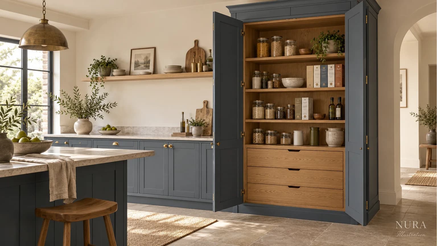 Illustration of an open slate-blue fitted kitchen larder with oak shelves and packaged groceries