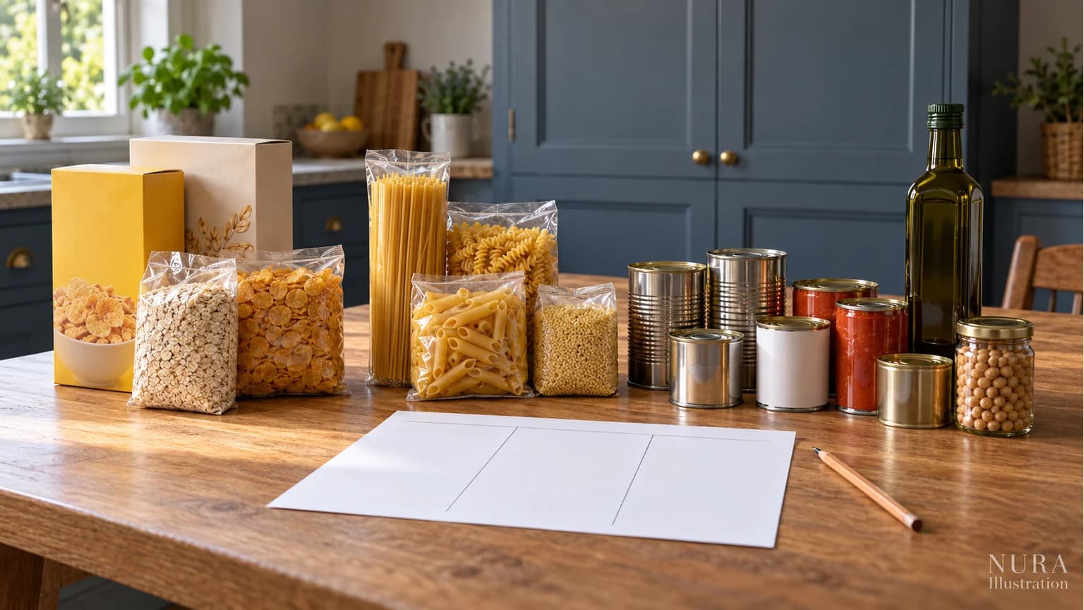 Illustration of packaged groceries grouped on an oak table beside a blank planning sheet