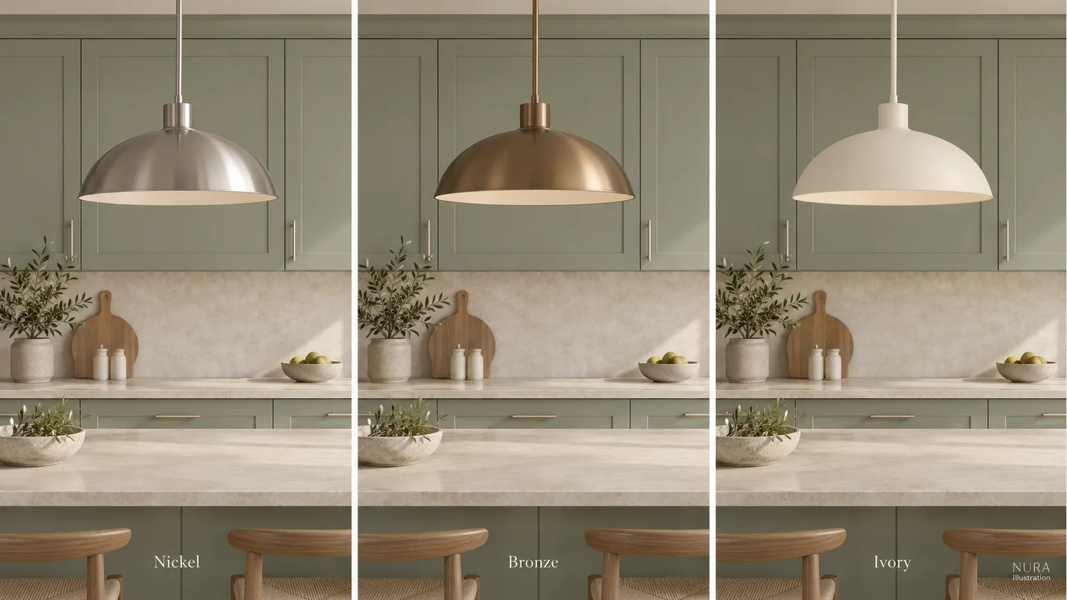 Three illustrated sage kitchen views with nickel, bronze and ivory dome pendant shades