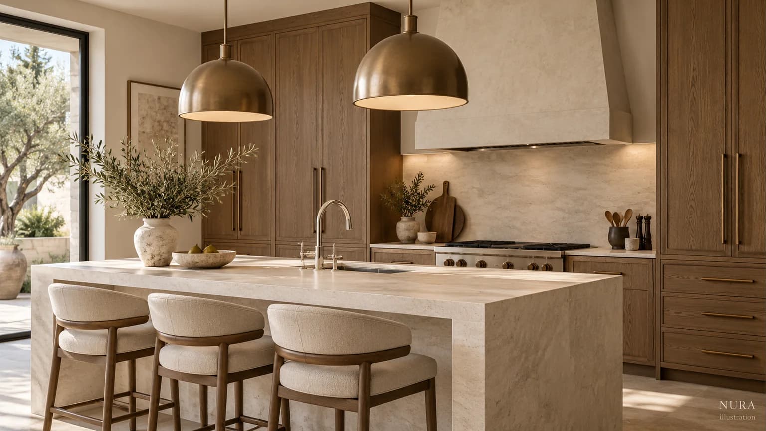 Bronze dome pendants above a pale stone island with oak cabinetry, bronze handles and a nickel tap
