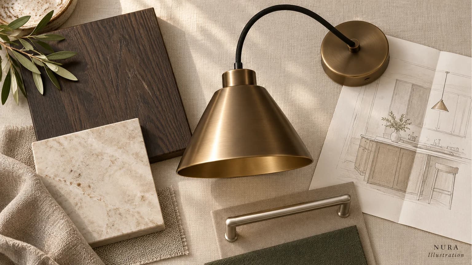 Bronze pendant shade, black cable and ceiling rose beside oak, cream stone and a nickel handle
