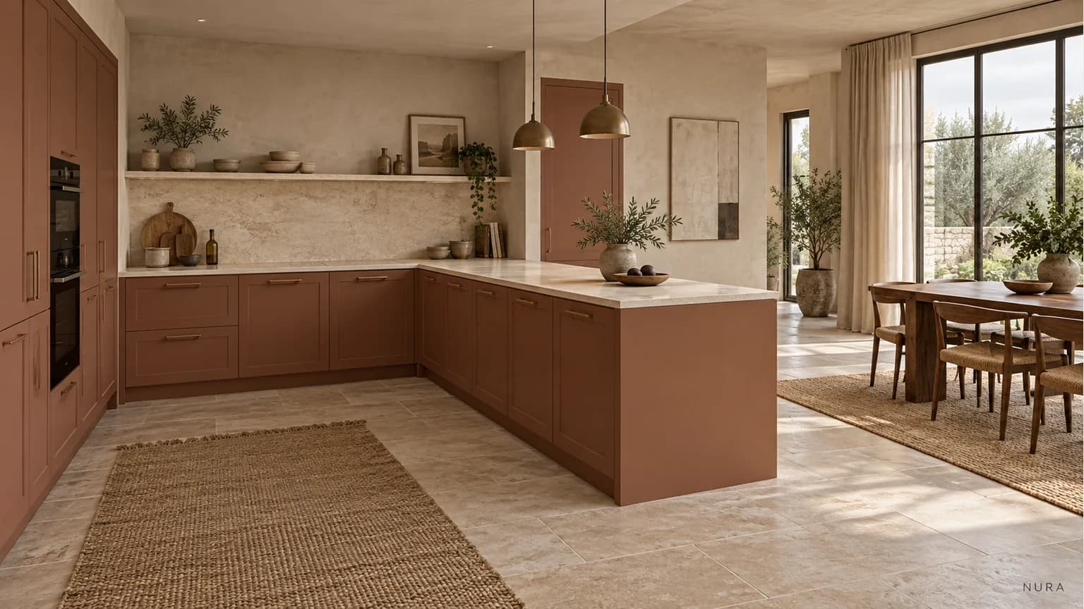 Terracotta kitchen peninsula joined to a rear cabinet run with an open end beside a timber dining table