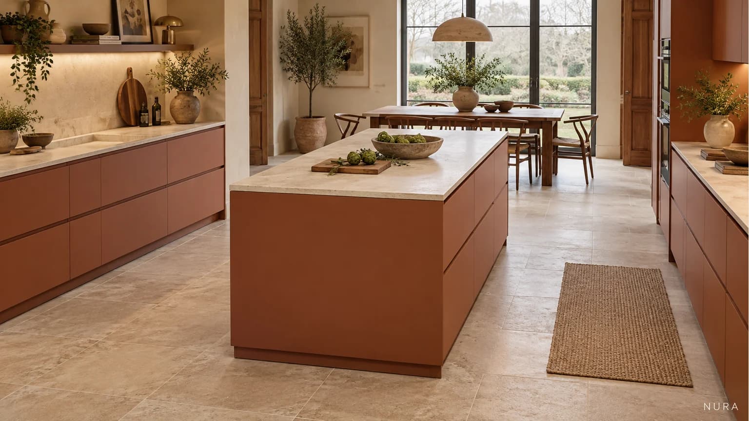 Freestanding terracotta kitchen island with visible floor space at both ends and a dining table beyond