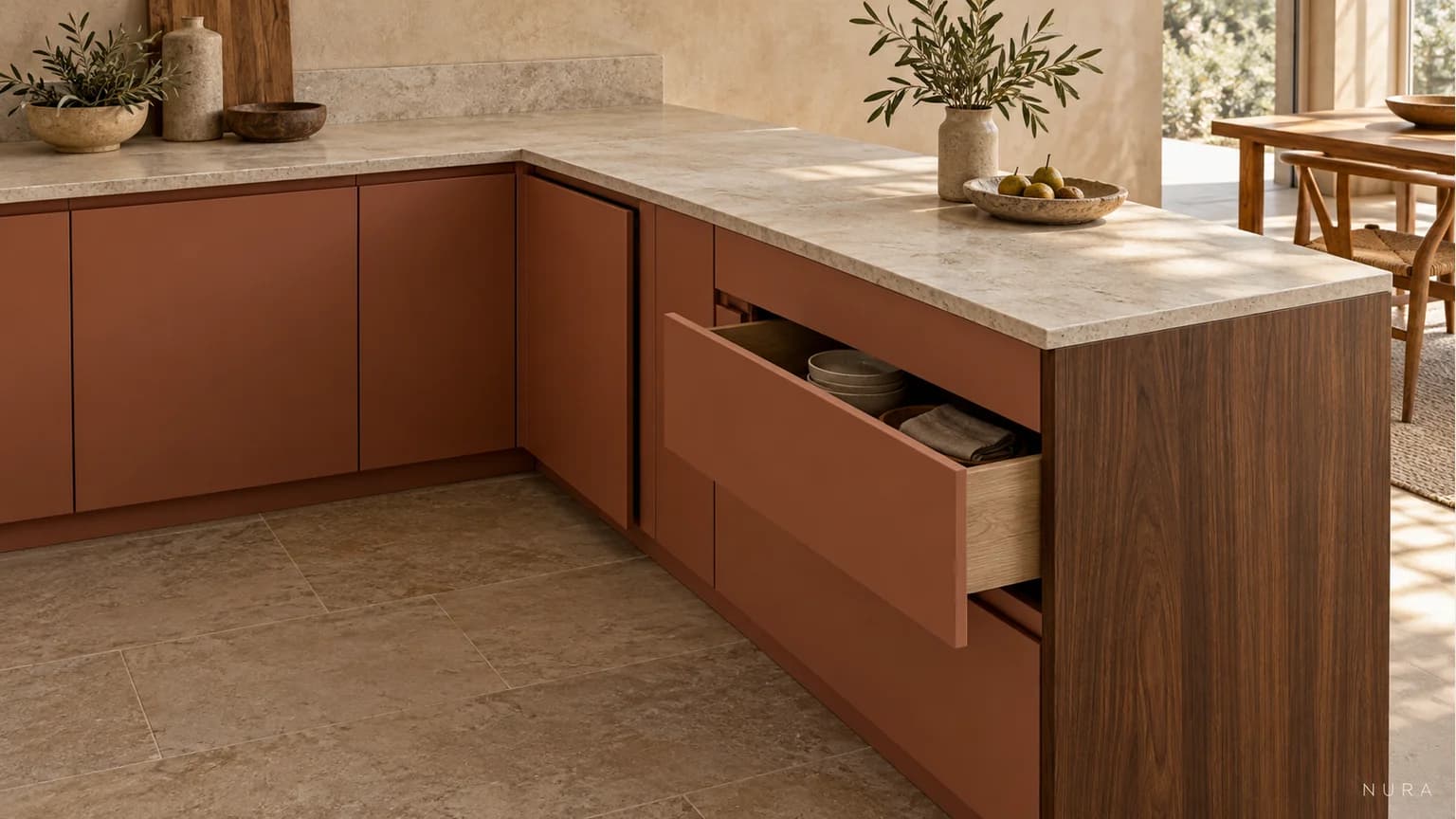 Terracotta cabinet junction with a continuous pale worktop, open drawer and timber outer face