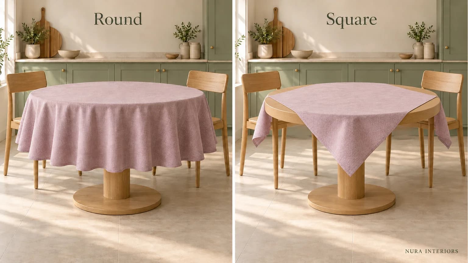 Round oak table concepts with a round plum cloth and a smaller square plum cloth leaving curved oak edges visible beside chairs.