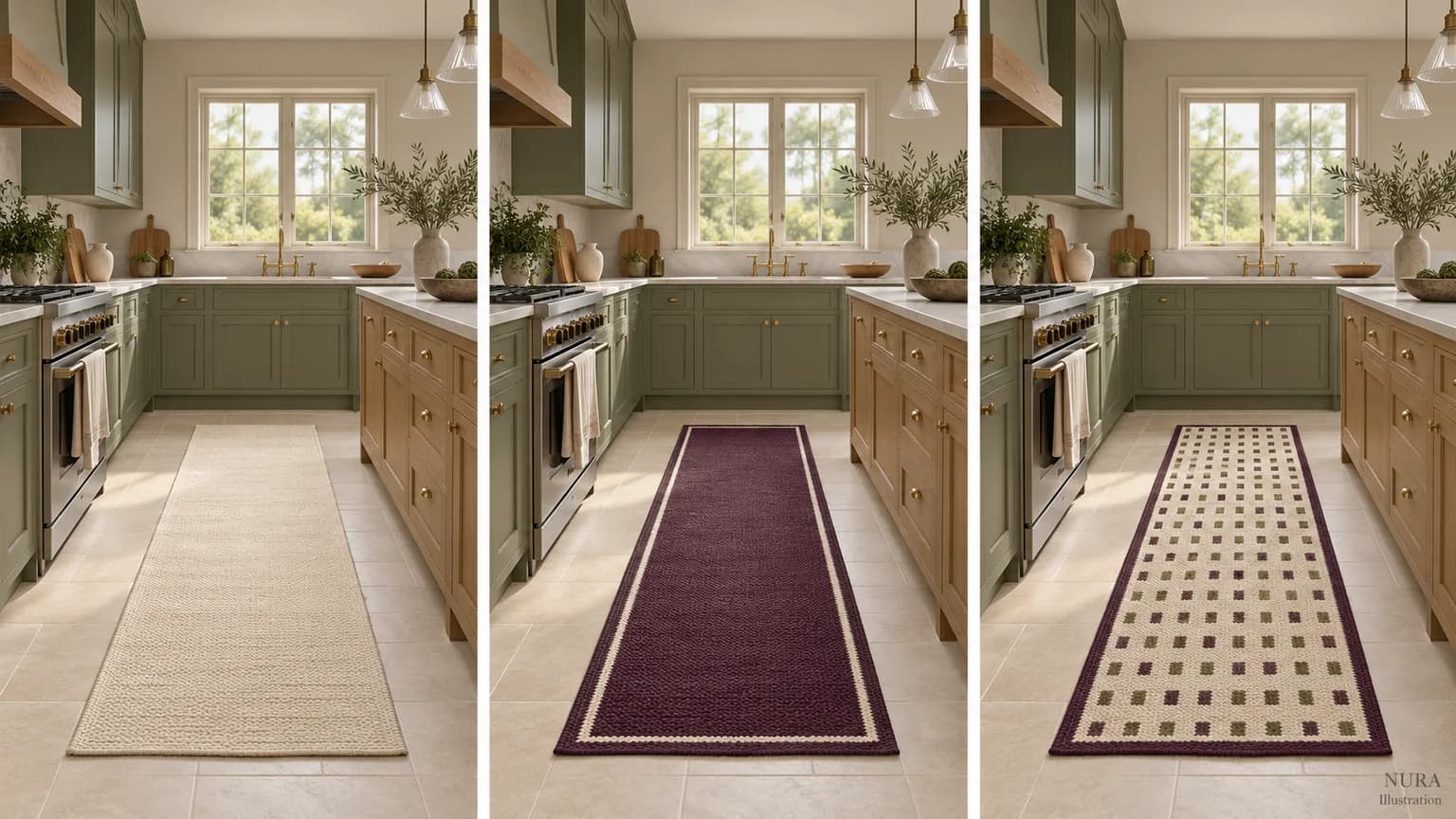 Three similar sage kitchen views with ivory, plum and small patterned runner designs