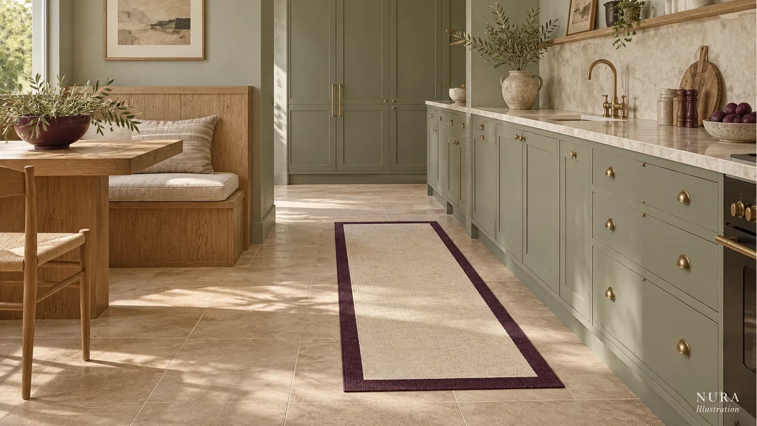 Ivory runner with a plum border beside sage cabinetry, oak breakfast seating and a pale tiled floor