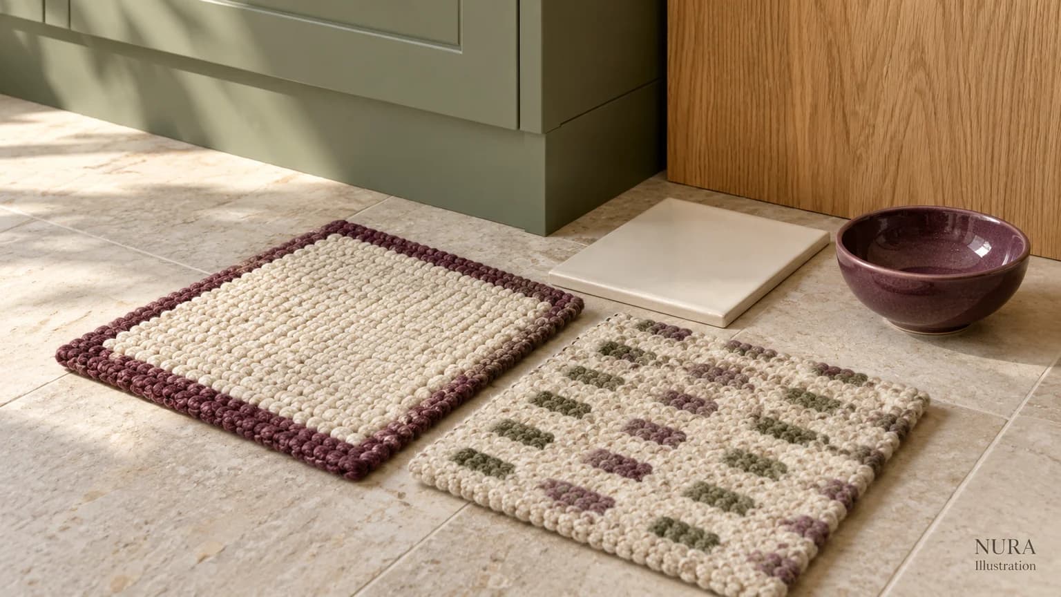 Ivory and plum rug samples beside sage cabinetry, an oak sample, a cream tile and plum bowl
