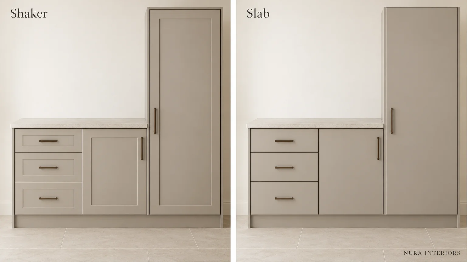 Paired warm greige cabinet elevations showing framed Shaker drawers and doors beside plain slab fronts.