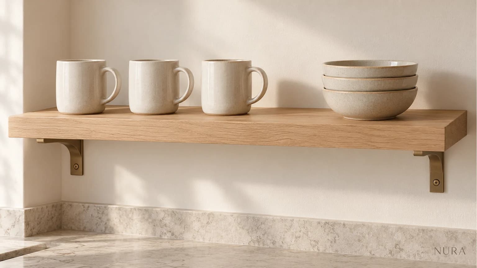 Illustration of ivory mugs and a short bowl stack with clear space between them on an oak shelf