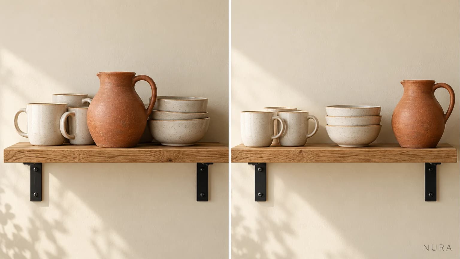 Illustration showing the same oak shelf crowded with pottery on the left and simplified into spaced groups on the right