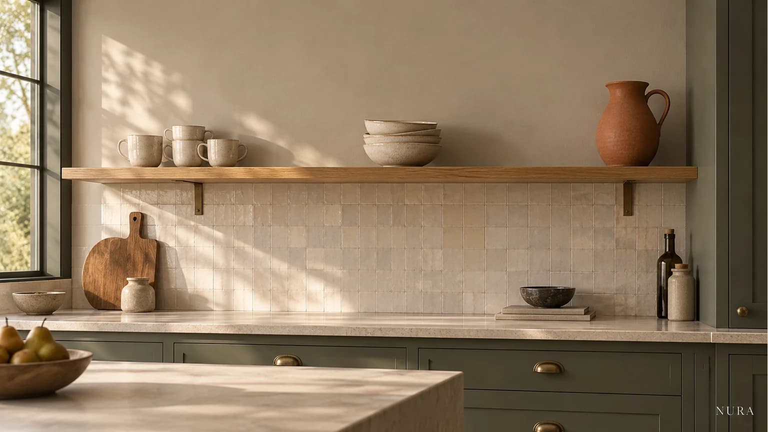 Illustration of an oak kitchen shelf with ivory cups, bowls and a terracotta jug in spaced groups