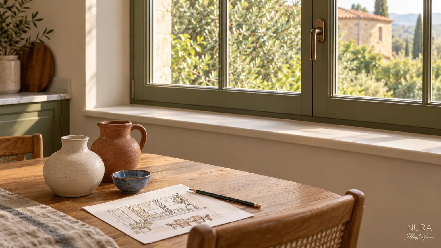 Illustration of an empty kitchen windowsill with ceramic objects and a room sketch on a separate table