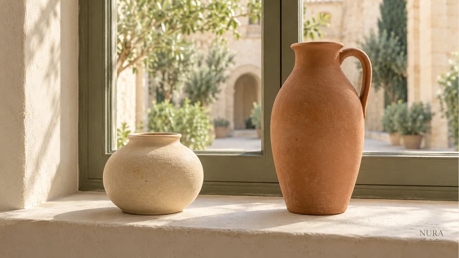 Illustration of a low cream vase and a taller terracotta jug against a kitchen window