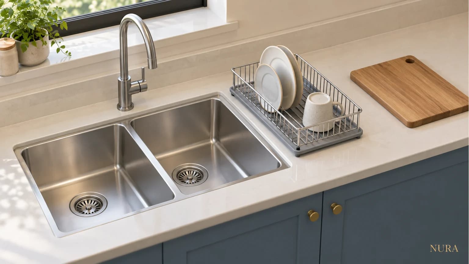 Illustration of a double-bowl sink with a separate dish rack and clear preparation board on an adjacent worktop