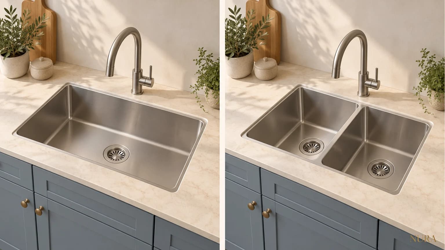 Illustration comparing a single stainless steel sink with a divided double-bowl sink in two kitchen settings