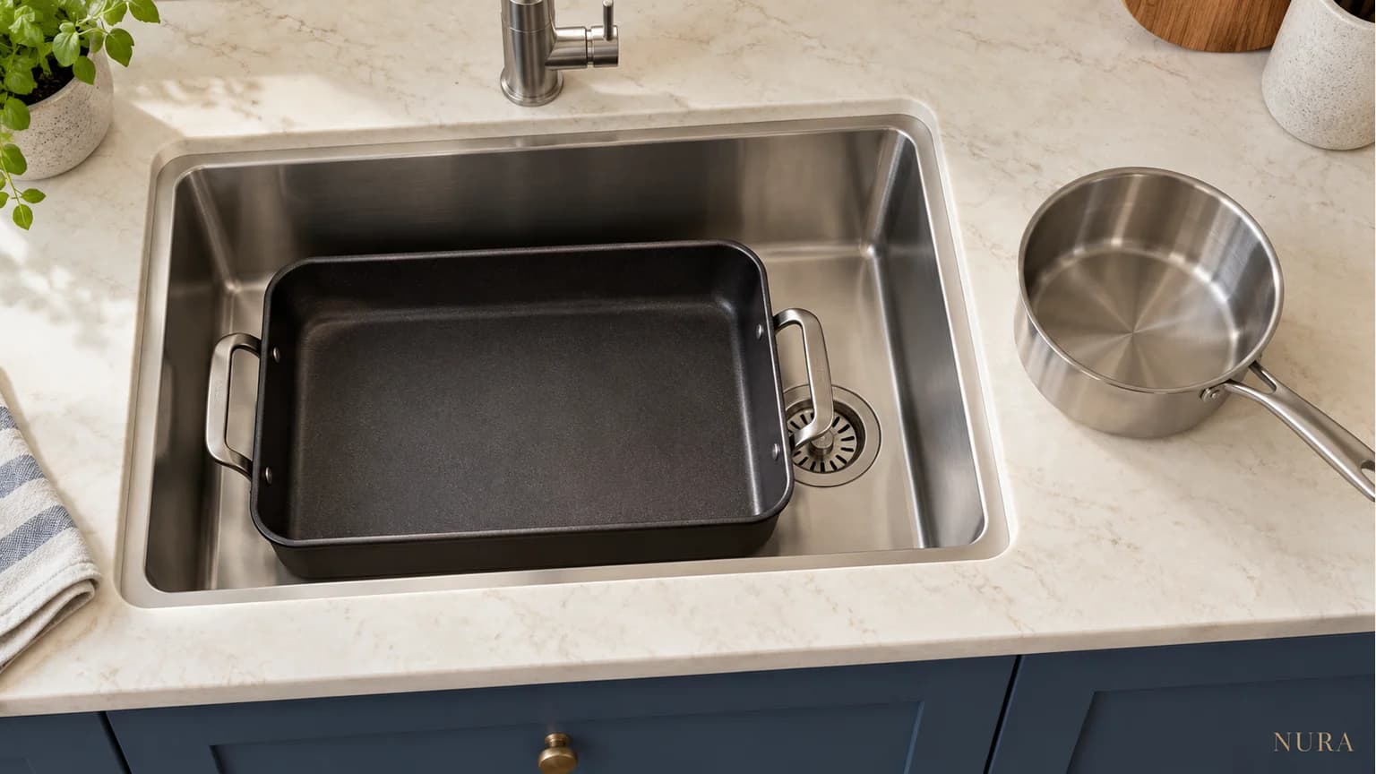 Illustration of an empty roasting tray inside a single stainless steel sink with a saucepan on the adjacent worktop