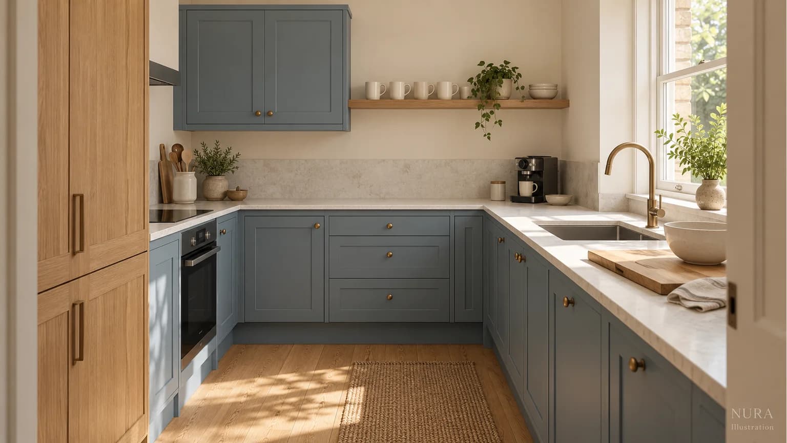 Compact dusty-blue U-shaped kitchen with a clear preparation worktop, oak tall cupboard and one open shelf