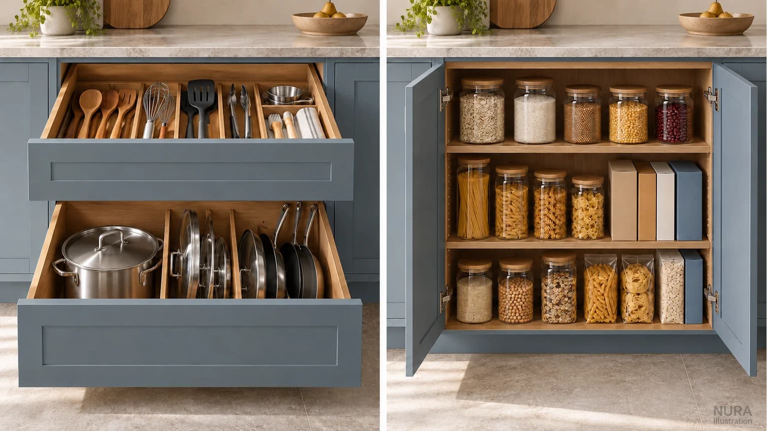 Alternative cabinet interiors with cookware drawers on the left and grocery shelves on the right