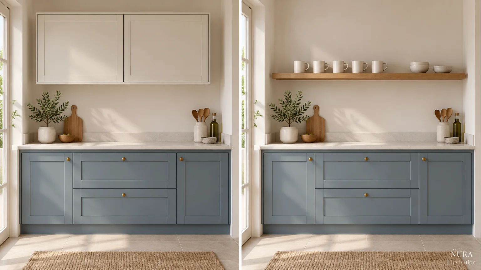 Closed ivory wall cupboard compared with an oak shelf holding everyday mugs and bowls