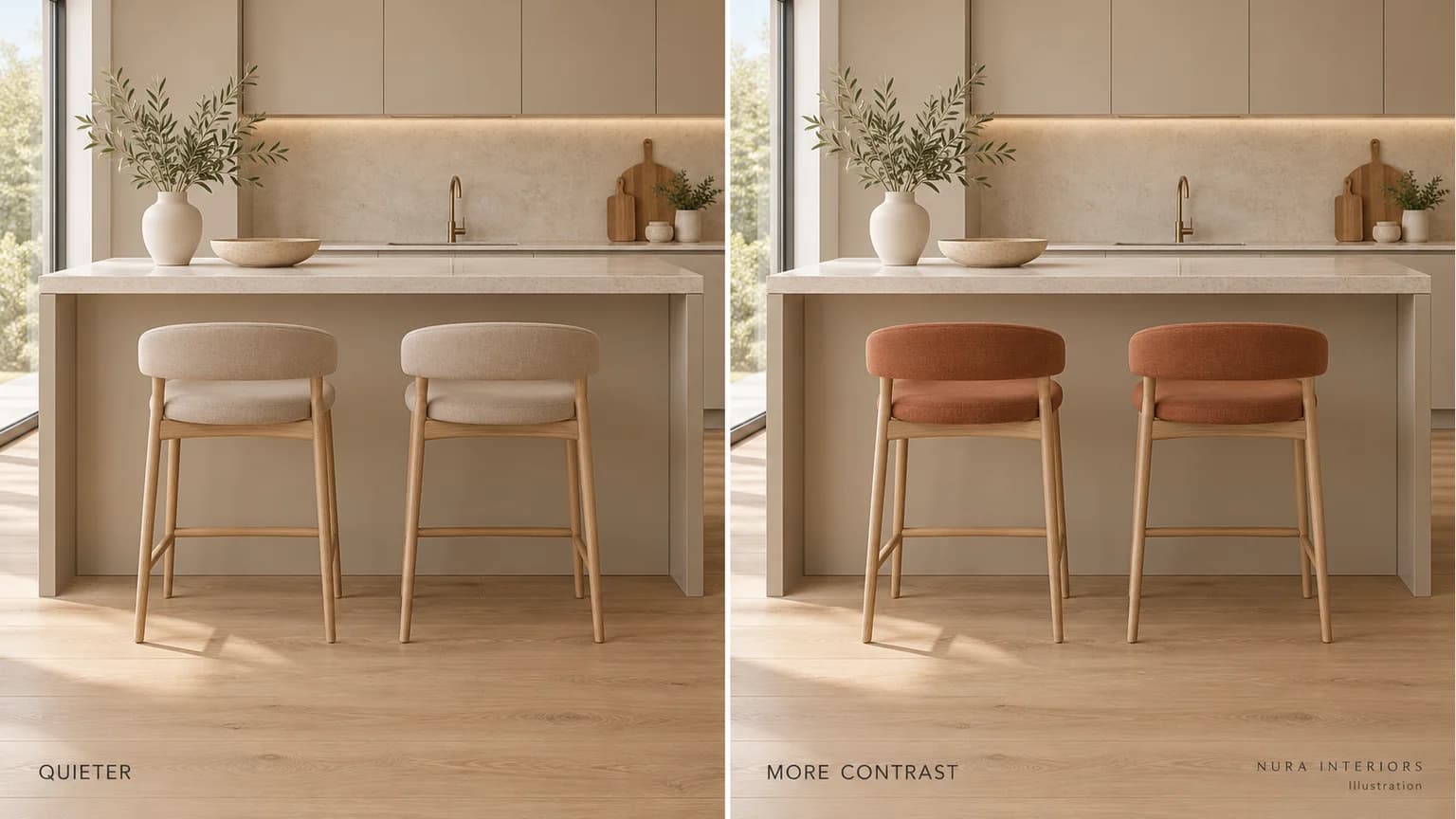 Side-by-side illustration of taupe and rust stool seats against the same neutral kitchen island