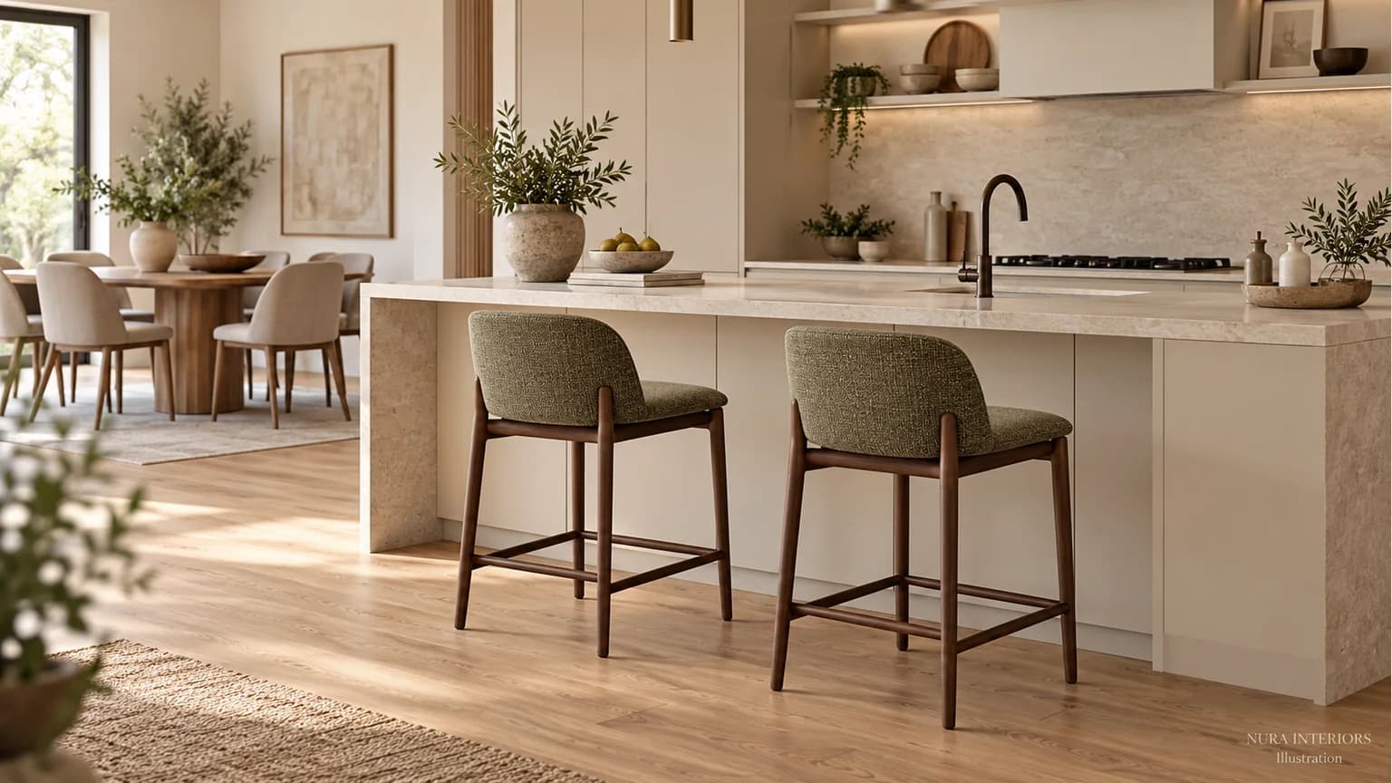 Olive upholstered stools with walnut frames beside a pale kitchen island and taupe dining chairs
