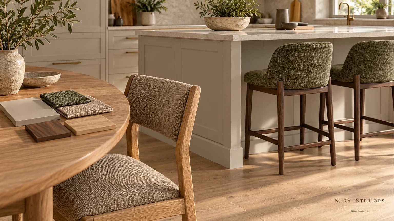 Olive stool fabric and walnut frames compared with a taupe oak dining chair and material samples