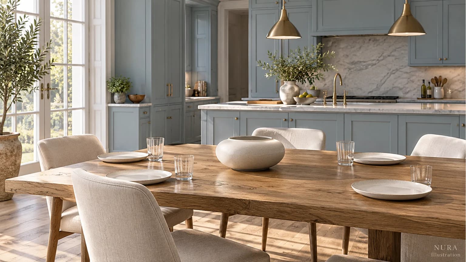 An oak kitchen table with four ivory place settings and a low empty ceramic vessel beside blue cabinetry