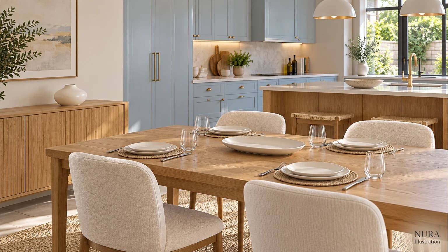 An oak dining table with a serving platter and an ivory vase resting on a nearby sideboard