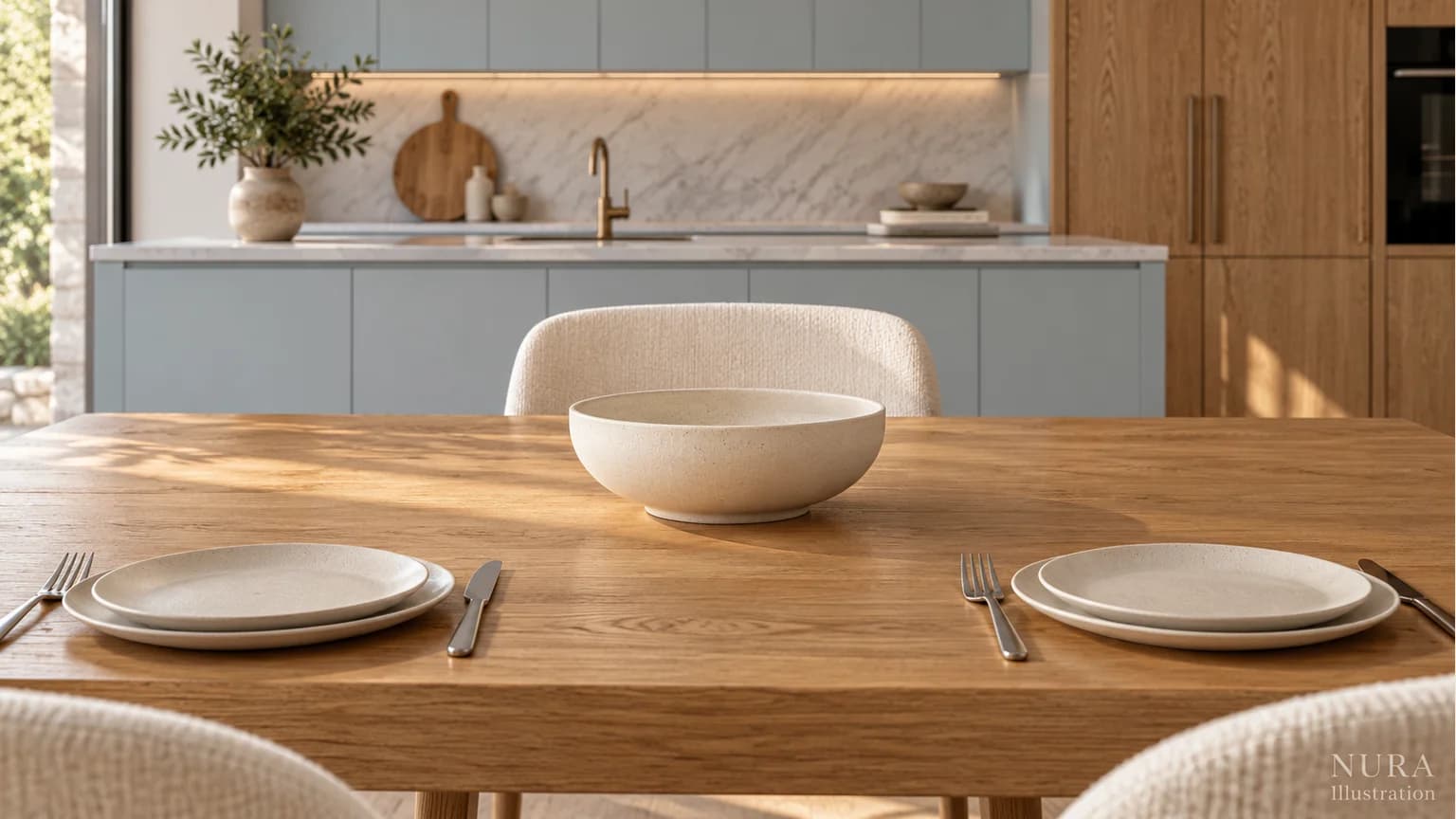 A seated view across an oak table with an empty ivory vessel, plates and a chair opposite