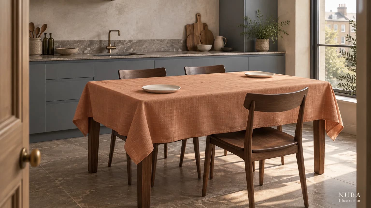 Apricot tablecloth on a rectangular kitchen table with walnut chairs and blue cabinets behind