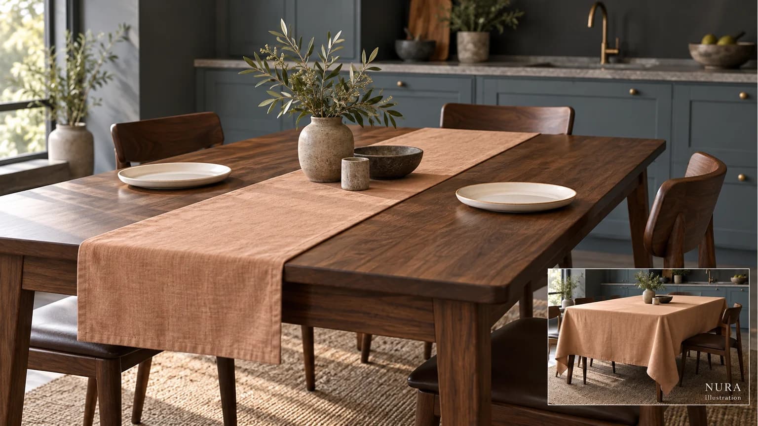 Apricot runner leaving wide areas of a walnut kitchen table visible