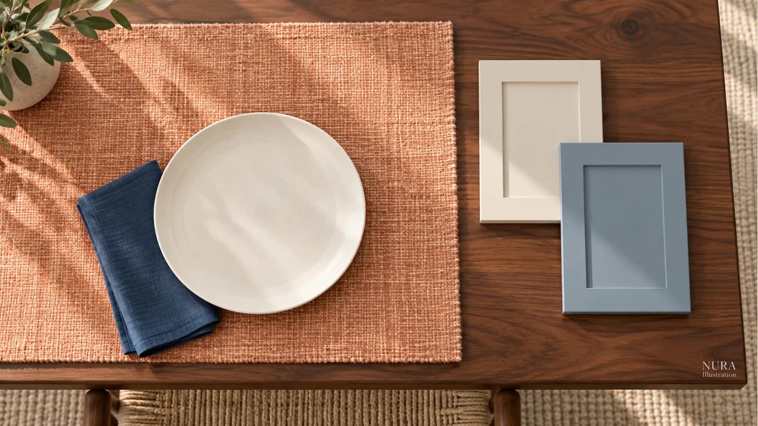 Ivory plate on apricot fabric beside exposed walnut and two cabinet finish samples